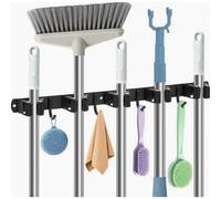 Porta scope da parete, robusto porta attrezzi in acciaio inox con 5 supporti e 4 ganci, nero.