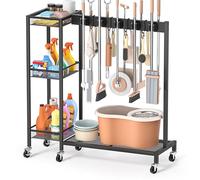 Porta Scope e Organizzatore per Prodotti di Pulizia - Soluzioni di Stoccaggio per Lavanderia e Ripostiglio con Supporto per Attrezzi, Porta Spazzole, Ganci, Griglie per Mop, Carrello per Pulizie