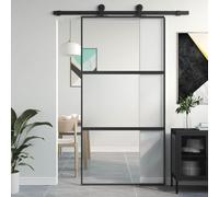 Porta scorrevole nera 102,5 x 205 cm vetro temperato e alluminio per una transizione elegante della stanza, robusta porta di sicurezza con ammortizzatore silenzioso, design sottile per un look moderno