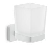 GEDY | Porta Spazzolino Tonga, Bicchiere Porta Spazzolino in Acciaio Inox, Cromall e Vetro Satinato, Fissaggio con Viti Incluse o Biadesivo, Bianco Matt, 6,4x9,7x10,5cm