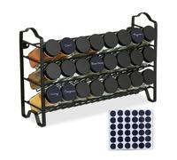 Relaxdays Scaffale Porta Spezie, Set da 24 Barattoli con Etichette, Organizzatore da Cucina Salvaspazio, Nero, Carta, Vetro, Acciaio Inox