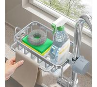 Porta Spugna per Rubinetto della , Organizer per Contenitore per Rubinetto del Lavello con Vassoio Antigoccia per Spazzola per Sapone per i Piatti, 5,7 X 10,5 X 3,5 (SILVER)