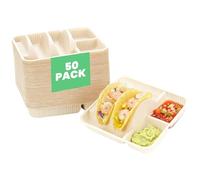 Porta taco usa e getta a 2 scomparti per 2 tacos e 2 lati, bordo rialzato extra profondo, biodegradabile, adatto al microonde, perfetto per martedì, feste, feste, feste, serate, bar, confezione da 50