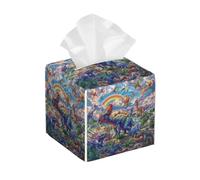 Porta tovaglioli quadrato in pelle, con motivo arcobaleno di dinosauri - Distributore di fazzoletti decorativo per bagno, camera da letto, interni auto e ufficio