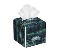 Porta tovaglioli quadrato in pelle, motivo a fiori di loto bianchi - Distributore di fazzoletti decorativo per bagno, camera da letto, interni auto e ufficio