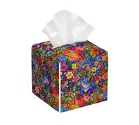 Porta tovaglioli quadrato in pelle, motivo a rana con fiori colorati - Distributore di fazzoletti decorativo per bagno, camera da letto, interni auto e ufficio