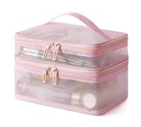porta trucchi Borsa for il trucco a doppio strato, grande capacità, con manico, organizer da viaggio portatile, versatile borsa portaoggetti for i viaggi beauty case(Roze)