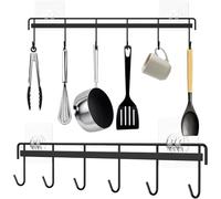 Porta Utensili da Cucina,2 Pezzi Barra Appendi Utensili da Cucina Portautensili da Cucina con 6 Ganci Porta Mestoli da Cucina Barra Portautensili Cucina Autoadesivo Nera per Cucina,Bagno,Soggiorno