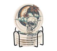 Porta Vasos Para Mesas - Set di 6 sottobicchieri con supporto per tavolo da pranzo, motivo: teschio lunare, palma, nuvola, bianco