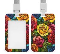 Portabadge multicolore in vetro colorato con rose, clip retrattile, porta carte di credito, nome, badge per lavoro, ufficio, dottore, infermiere