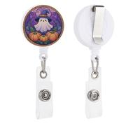 Portabadge retrattile in vetro colorato con fantasma in cappello da strega, zucche, porta badge con bobina e clip, per dottori, infermieri, studenti, impiegati