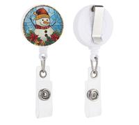 Portabadge retrattile, in vetro colorato, con pupazzo di neve, cappello marrone, bacche rosse, bobina con clip, per dottori, infermieri, studenti, impiegati