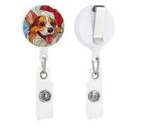 Portabadge retrattile in vetro colorato Corgi che indossa un cappello di Natale, porta badge con bobina e clip per dottore, infermiera, studente, impiegato