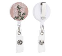 Portabadge retrattile, motivo floreale botanico minimalista bianco su rosa pallido, porta badge con clip per dottori, infermieri, studenti, impiegati
