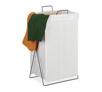 Relaxdays Cesto Portabiancheria bambù Pieghevole 40 L, in Metallo con Manici, Porta Panni, HLP 61 x 38 x 22 cm, Bianco, Poliestere