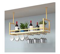 Portabicchieri da vino da soffitto in metallo, portabottiglie con guardrail e portabicchieri sospeso, espositore per bottiglie da tavola per Home Bar Cafe, tavola in legno bianco (colore: or