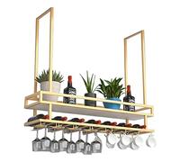 Portabicchieri da vino, portabottiglie rustico da soffitto, portabottiglie industriale sospeso a 2 livelli con ringhiera, portabottiglie a parete, per cucina da bar e ristorante (Colore: oro
