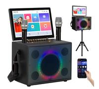 Portable Bluetooth Karaoke Machine with 2 Wireless Microphones, 14.1-Inch Capacitive Touch Screen(180 Clamshell +270° Rotation), APP Control, Camping Party, Outdoor Singing, Walking Away,Black