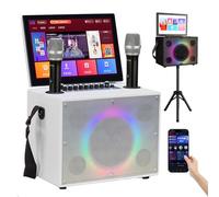 Portable Bluetooth Karaoke Machine with 2 Wireless Microphones, 14.1-Inch Capacitive Touch Screen(180 Clamshell +270° Rotation), APP Control, Camping Party, Outdoor Singing, Walking Away,White