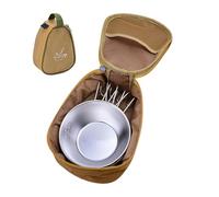 Portable Camping Cookware Organizer, Travel Cookware Bag, Multi Compartment Camping Tote, Oxford Cloth Bowl Organizer 5.51x3.07x7.48 Inches for Camping, Barbecue, Picnic (Khaki)