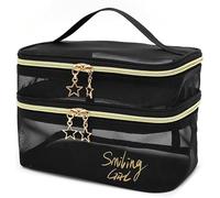 Portable Mesh Toiletry Kit Nylon Bag Sure Here's A Product Title for Cosmetic Described Makeup Double Layer Transparent Design Easy Access Dual Zipper Black Durability and professional