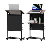 Portable Rolling Laptop Stand, Adjustable Height Standing Desk with Storage Shelf & Cup Holder, Mobile Podium for Presentations And Home Office Use,Black