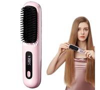 Portable Straightening Brush, Cordless Heated Brush Comb with LED Display, 5-second Fast Heating, Three Temperature Settings, Ceramic Coating for Hair Care (Pink)