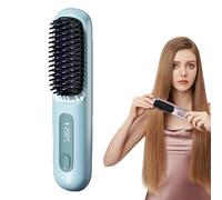 Portable Straightening Brush, Cordless Heated Brush Comb with LED Display, 5-second Fast Heating, Three Temperature Settings, Ceramic Coating for Hair Care (Blue)