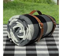 PortableAnd Picnic Blankets, 3 Layer Soft Fleece Blanket for Beach,Camping on Grass, Waterproof, Sandproof, Best Gift for Couple & Families, Black and Gray Checkered