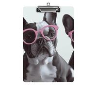 Portablocco a forma di bulldog francese, con occhiali rosa, in acrilico, grazioso, alla moda, decorativo, 31,8 x 21,6 cm, formato A4, clip in acrilico per classe, insegnanti, forniture per ufficio