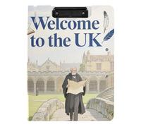Portablocco con scritta "Welcome to the UK Scenery Culture", formato A4, due clip metalliche, portapenne, lavagna con clip per ufficio con copertina