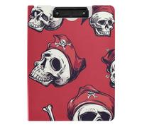 Portablocco con teschi pirati scarlatti, formato A4, con doppia clip, portapenne, con copertina