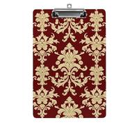 Portablocco formato A4 con clip a basso profilo, stile classico, per scrivania, ufficio, fiori, rosso, oro, floreale, elegante, bordeaux antico