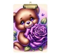 Portablocco in acrilico con orsetto e fiore, viola, alla moda, formato lettera, per insegnanti, studenti, infermieri, clip dorata, a basso profilo, retrattile, da appendere, 31,8 x 22,9 cm