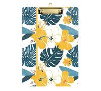 Portablocco in stile tropicale con foglie di palma giallo e blu, formato A4, con tasca per appunti nella parte anteriore, trasparente, per forniture scolastiche per insegnanti, dimensioni 22,9 x 30,5
