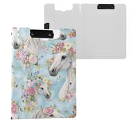Portablocco pieghevole con fiori e cavalli blu, doppia clip in metallo, portapenne con copertina rigida Appunti Folio forniture per ufficio
