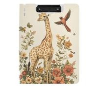 Portablocco pieghevole con giraffa, uccellini, fiori, illustrazione botanica, stile vintage, formato A4, portablocco orizzontale e verticale, doppia clip per ufficio, con coperchio