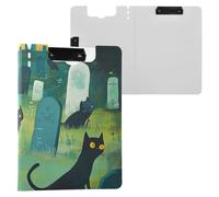 Portablocco pieghevole con motivo gatti neri che si aggirano intorno a un cimitero pieno di lapidi, formato A4, con doppia clip, portapenne, lavagna con clip per infermieri, con copertina rigida