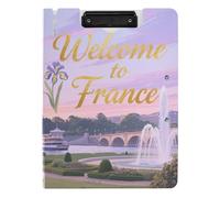 Portablocco pieghevole con scritta "Welcome to France Scenery Culture", formato A4, con doppia clip, portapenne, per scuola, con copertina