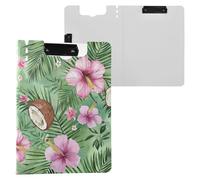Portablocco tropicale con foglie di cocco e fiori di ibisco verdi pieghevoli, due clip in metallo, portapenne con copertina rigida, portablocco per appunti, padfolio, coaching e ricerca commerciale