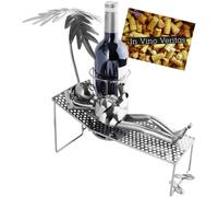 Brubaker Portabottiglie Donna in Vacanza - Portabottiglie in Metallo con Palma e Lettino - Regalo di Vino con Biglietto D'Auguri