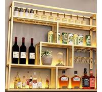 Portabottiglie a parete a 4 ripiani con illuminazione a LED, mensola portaoggetti in metallo industriale per bottiglie di liquore, portabottiglie a parete in ferro(Gold)