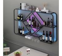 Portabottiglie A Parete con Luce A LED A 2 Colori E Portabicchieri, Mensole Galleggianti per unità Bar, Mensola Decorativa per Armadietti per Liquori per Sa, Black, 100x70x20cm/39.4inx27.6x7.9in