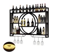 Portabottiglie a parete montata con luce a led ＆ porta in vetro da vino, scaffale di liquori di ferro, mensole da vino a parete galleggiante, scaffale per bottiglie di liquori, portabicchieri del