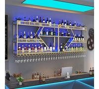 Portabottiglie a parete montata con supporto in vetro, ripiano a liquori con luci a LED, scaffali a barre, ripiani galleggianti per parete, rastrelliere, portapacchi per vino in metallo per cantine da