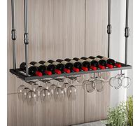 Portabottiglie a soffitto e porta in vetro di vino, porta d'ingente in metallo con supporto in vetro, supporto per bottiglia di vino appeso regolabile, supporto a stelo a boccolo capovolto, nero