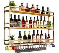 Portabottiglie con Luce Porta Bottiglie di Vino da Parete con Portabicchieri Scaffale da Parete con Porta Bicchieri Sospesi Mensole Cucina Mobile Angolo Bar per Casa Sa(Size:120cm(47.24in),Color:oro)