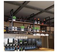 Portabottiglie da appendere con supporto in vetro e mensola Portabottiglie da soffitto industriale (colore: nero Dimensioni: 140 x 30 x 80 cm) Soluzione elegante per la casa e il bar