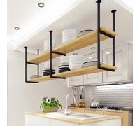 Portabottiglie da appendere - Mensola sospesa da soffitto a 2 ripiani, in legno massello, libreria da parete, per bar, camera da letto, cucina, espositore