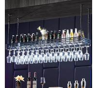 Portabottiglie da appendere, supporto da soffitto in metallo, regolabile in altezza, con porta calici, per bar, ristorante o caffetteria, espositore in stile vintage per bottiglie di vino e bicchieri